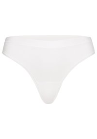 Weißer Baumwollthong mit einem glatten Bund. Bietet ein minimalistisches Design und nahtlose Kanten für Komfort. Klassischer Schnitt und schlichte Textur.