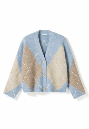 Modri jopič z velikimi bež in rjavimi karo vzorci, tremi gumbi spredaj in rebrastimi manšetami ter spodnjim robom.