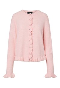 Light pink cardigan made of soft fabric, featuring ruffled front detail, silver buttons, and flared cuffs. Casual design with a cropped length.