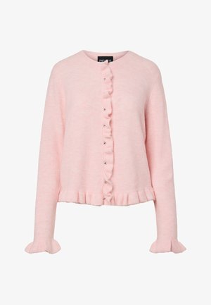 Lichtroze cardigan van zachte stof, met gerimpelde details aan de voorkant, zilveren knopen en uitlopende mouwen. Casual ontwerp met een cropped lengte.