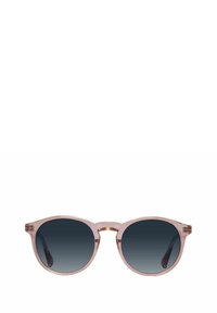 Ümmargused prillid läbipaistev hele roosa raami ja tumedate gradueeritud läätsedega. Raami sillal on metallist aksessuaarid.