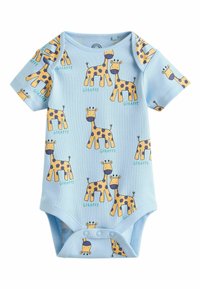 Detské body s krátkym rukávom v svetlomodrej farbe s hravými vzormi žiráf v žltej a hnedej farbe, s malým nápisom "ŽIRAFA".