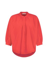 Blusa di cotone rossa con colletto tondo, chiusura a bottoni, spalle arricciate e maniche lunghe a palloncino. Tessuto liscio con orlo curvo.