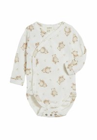 Bodysuit à manches longues blanc avec des motifs de teddy bear beige doux, design enroulé, fermetures à pression au bas et en coton.