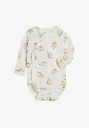 Hvid langærmet heldragt med bløde beige teddy-bjørn mønstre, omslag design, trykknaplukning i bunden og lavet af bomuldsmateriale.