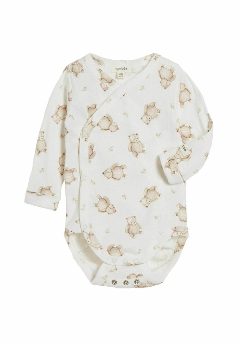 Bodysuit à manches longues blanc avec des motifs de teddy bear beige doux, design enroulé, fermetures à pression au bas et en coton.