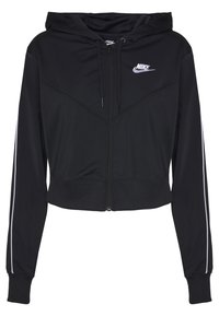 Zwarte cropped hoodie, rits aan de voorkant, capuchon met koord, iconisch logo op de borst, witte strepen langs de mouwen, geribbelde manchetten en zoom. Glad stoftextuur.