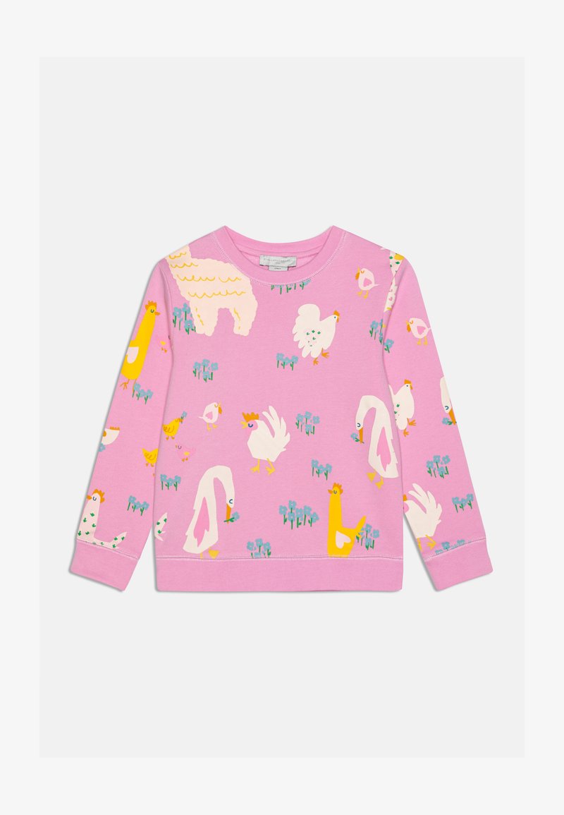 Roosa sviiter, millel on erinevate taluloomade print, sealhulgas kanad ja llama, roheliste lillede aktsentidega. Valmistatud pehmest materjalist.