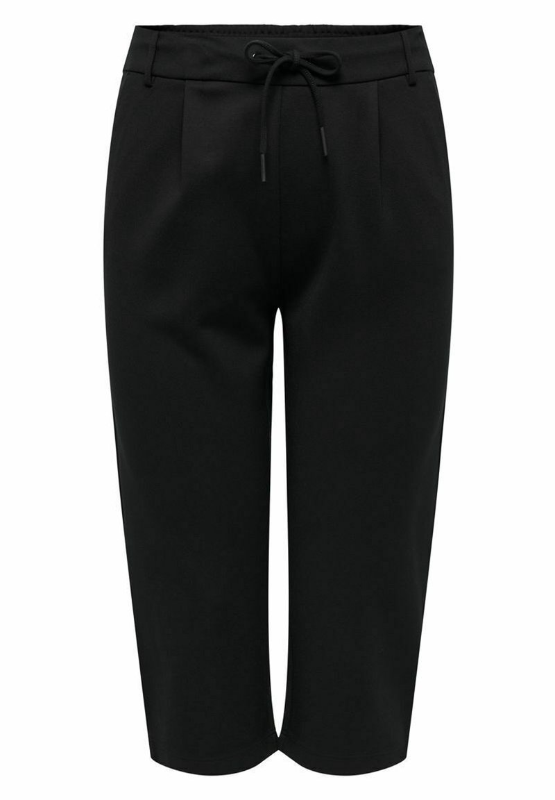 Zwarte cropped broeken met een trekkoord in de taille en plooien aan de voorkant, ontworpen voor comfort en een casual stijl.