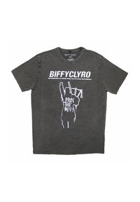 Gray cotton T-shirt with a round neckline. Features white text "BIFFY CLYRO" and graphic of a figure making a hand gesture. Distressed texture.