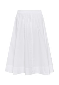 Balta midi sijonas, pagamintas iš lengvos medžiagos, su elastine juosta, susiūta forma ir šiek tiek platėjanti siluetas. Lygus paviršius.