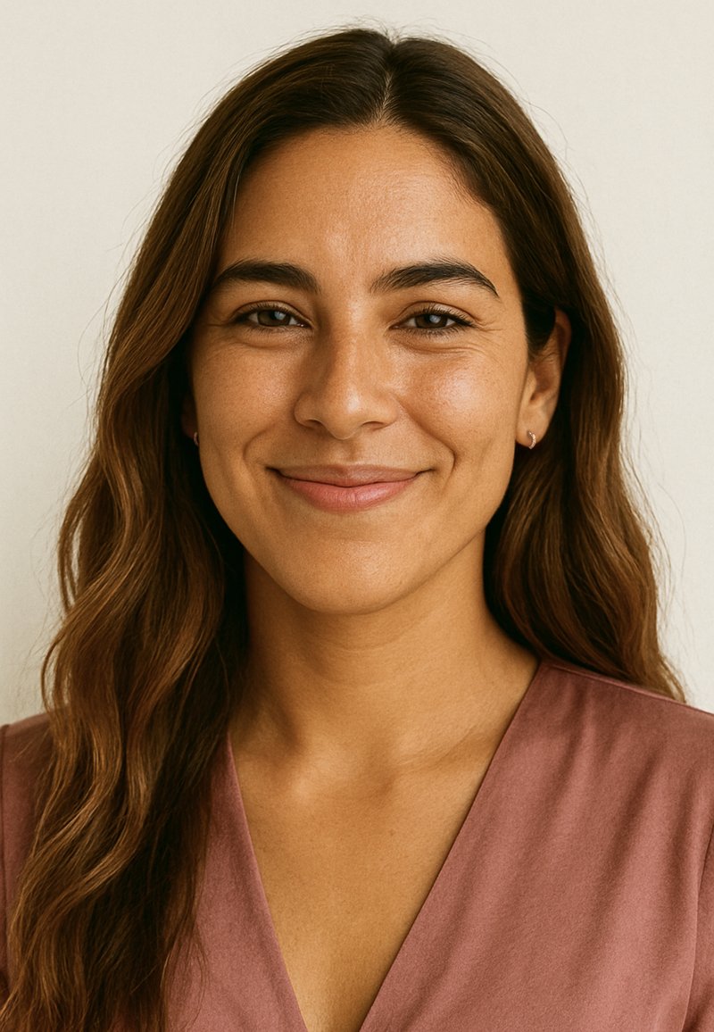 Porträtt av en kvinna med långt, vågigt brunt hår, klädd i en dammig rosenfärgad V-ringad topp, mot en neutral bakgrund. Diskreta örhängen synliga.