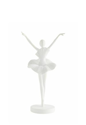 Abstrakte weiße Ballerina-Skulptur mit erhobenen Armen und plissiertem Tutu, stehend auf einem runden Sockel vor einem schlichten Hintergrund.