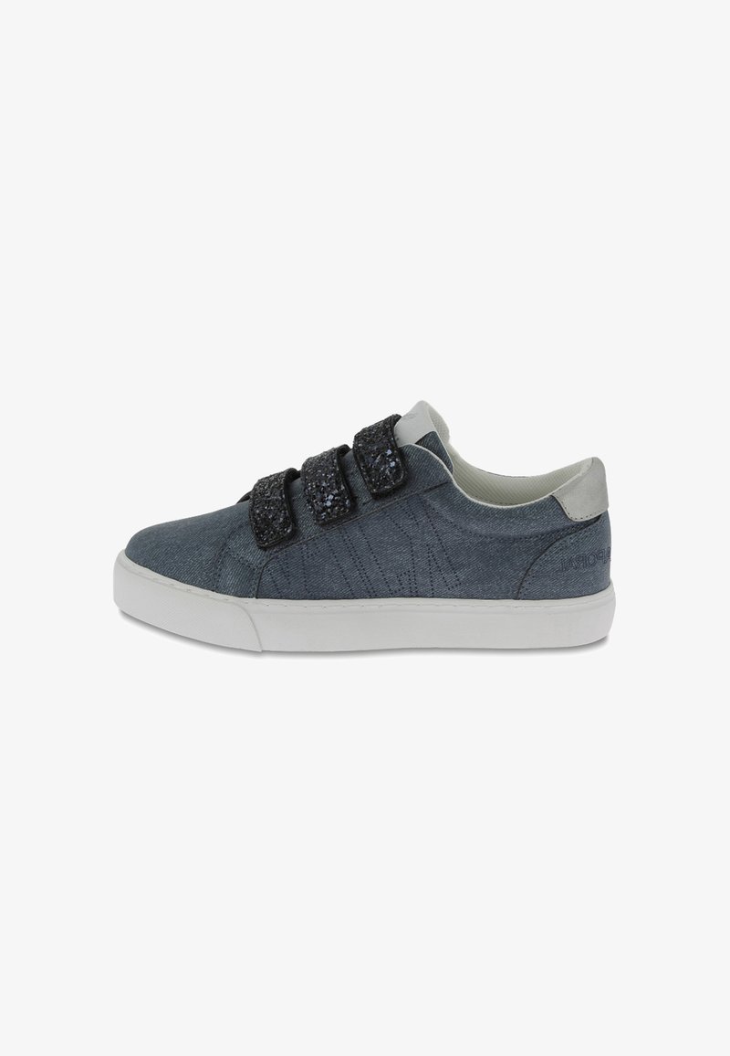 Sneaker with a dark blue canvas upper, featuring three black glitter Velcro straps, white rubber sole, and light gray heel accents.