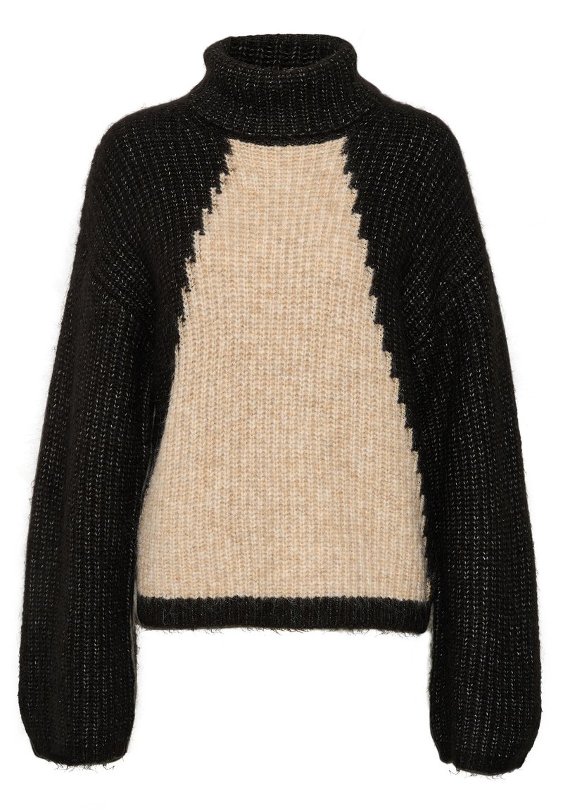 Strickpullover mit hohem Kragen. Schwarze Ärmel und Rücken, cremefarbener Vorderteil mit strukturiertem Muster. Lässiger Schnitt und weiche Textur.