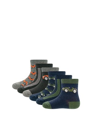 Six pairs of children's ankle socks in gray, black, navy, and green with car and truck patterns, arranged in a row on a white background.