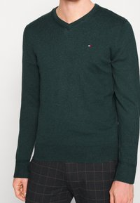 Homme portant un pull à col en V vert foncé avec un petit logo sur la poitrine et un pantalon à carreaux foncé avec des lignes marron.