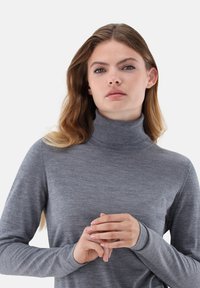 Grauer Rollkragenpullover aus weichem, leichtem Stoff, mit langen Ärmeln und einer taillierten Passform, die eine glatte Textur aufweist.