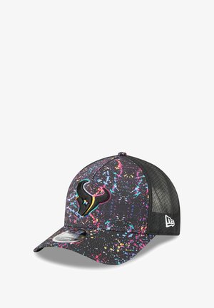 Black cap featuring a colorful splatter pattern, embroidered logo on the front, and a textured mesh back for breathability.