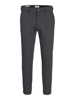 Sive slim-fit hlače izrađene od teksturiranog materijala, s kopčanjem na dugme, petljama za remen i bočnim džepovima za elegantan izgled.