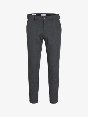 Grå slim-fitbyxor tillverkade av ett texturerat tyg, med knappstängning, bälteshällor och sidofickor för ett elegant utseende.