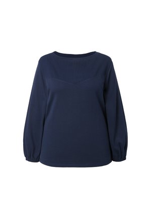 Blouse à manches longues bleu marine avec encolure ronde et détail de couture en chevrons subtil sur la poitrine, poignets élastiques aux manches.