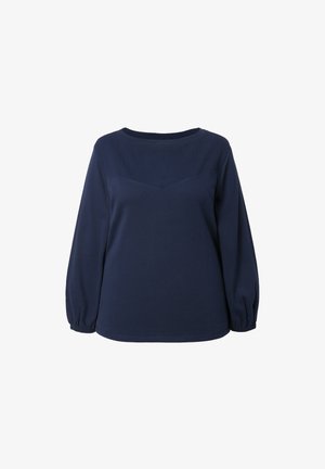 Marineblaues, langärmliges Oberteil mit rundem Ausschnitt und dezentem Chevron-Steppmuster über der Brust, elastische Bündchen an den Ärmeln.