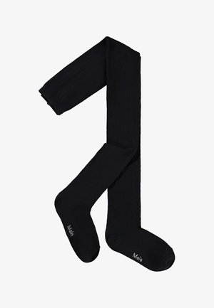 Zwarte, ondoorzichtige panty's plat uitgevouwen met het "Molo"-logo gedrukt bij de tenen van beide voeten.