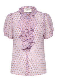 Blusa de manga corta de color púrpura con patrón de diamantes, cuello con volantes y cierre de botones. La tela tiene una textura suave con un ligero brillo.