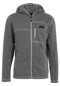 Szary polarowy hoodie z przednim zamkiem, regulowanym kapturem ze sznurkiem oraz dwiema bocznymi kieszeniami, z kontrastowym przyszyciem i kieszenią na piersi.