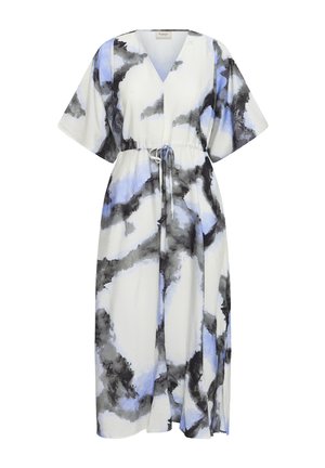 Rochie midi albă cu imprimeu în tonuri de negru și albastru, asemănător acvarelei, cu decolteu în V, mâneci scurte și largi și cordon ajustabil în talie.