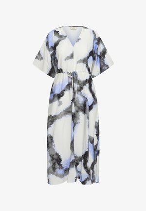 Weißes Midikleid mit schwarzem und blauem Aquarellprint, V-Ausschnitt, kurzen weiten Ärmeln und verstellbarem Taillengürtel.