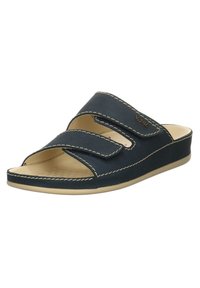 Sandale en cuir bleu marine à glissière avec deux sangles Velcro réglables, semelle beige et détails de couture blancs contrastants. Design ouvert sur le devant.