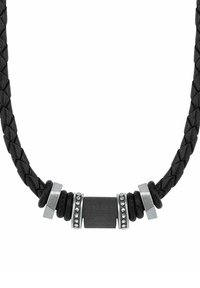 Collana in pelle nera intrecciata con accenti metallici, forme cilindriche e anelli testurizzati con piccole perline argentate.