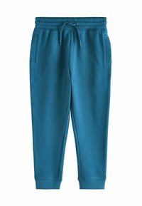 Blaue Sweatpants aus weichem Stoff, mit einem elastischen Bund und Kordelzug, zwei seitlichen Taschen und gerippten Bündchen.