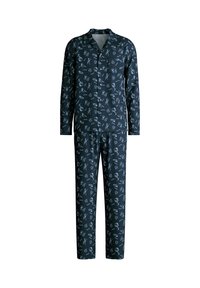 Heren pyjama set in marineblauwe stof, met een patroon van witte en lichtblauwe gereedschappen. Inclusief lange mouwen en bijpassende broek. Zachte textuur.