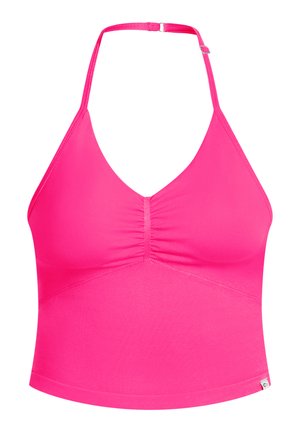 Top halter rosa con escote en V, detalle fruncido en el centro y silueta ajustada. Confeccionado en una tela suave y elástica. Tirante trasero ajustable.