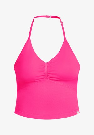 Rosa Haltertop mit V-Ausschnitt, gerafftem Detail in der Mitte und taillierter Silhouette. Aus glattem, dehnbarem Stoff gefertigt. Verstellbarer Rückenträger.