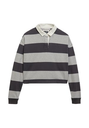 Gray and dark gray striped cropped polo shirt with a white collar and three-button placket, featuring the "Superdry" logo above the placket.