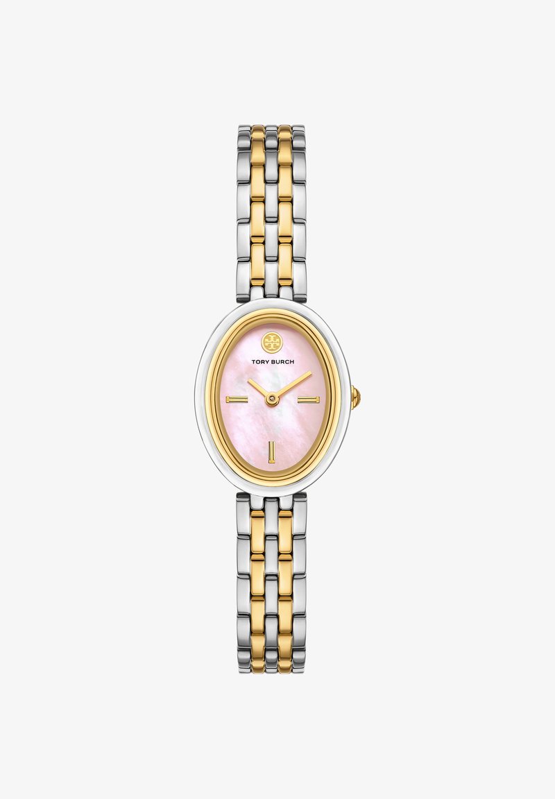 Montre ovale Tory Burch avec cadran nacré rose, index et aiguilles dorés, et bracelet bicolore en argent et or.