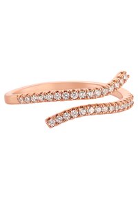 Anello in oro rosa con un design curvo caratterizzato da due filamenti intrecciati, impreziositi da cristalli trasparenti e rotondi lungo il bordo superiore.