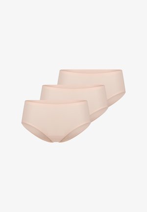 Drei Paar nahtlose Herren-Slips in hellrosa mit glatter Textur, niedrigem Bund und elastischem Taillenbund für Komfort und Passform.