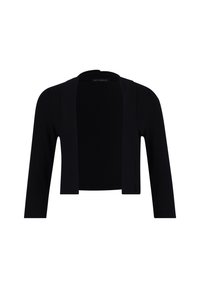 Zwarte cropped cardigan met lange mouwen en een open voorkant, ontworpen voor een casual of formele uitstraling, met een simpele en elegante stijl.