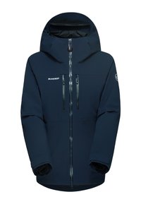 Navy blue insulated jacket with a zippered front, two chest pockets, and a hood. Features adjustable cuffs and a soft inner lining.