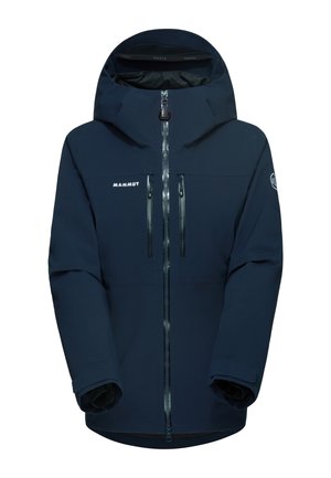 Marineblauwe geïsoleerde jas met een ritssluiting aan de voorkant, twee borstzakken en een capuchon. Voorzien van verstelbare manchetten en een zachte binnenvoering.