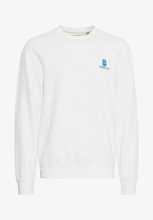 Hvid sweatshirt med rund hals, lange ærmer, ribbede manchetter og et lille blåt logo på brystet. Blød tekstur og afslappet design.