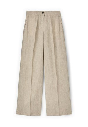 Beige Leinenhose mit weitem Bein, vorderen Falten, Seitentaschen und schwarzem Knopfverschluss am Bund.