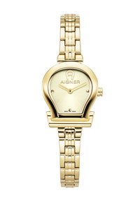 Reloj de pulsera de metal dorado con una caja de forma única, una esfera crema con la marca Aigner y una correa de eslabones. Suizo.