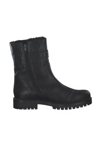 Bottines en cuir noir avec une fermeture éclair sur le côté et des détails en couture. Elles disposent d'une semelle en caoutchouc texturé et d'un doublure douce en haut.