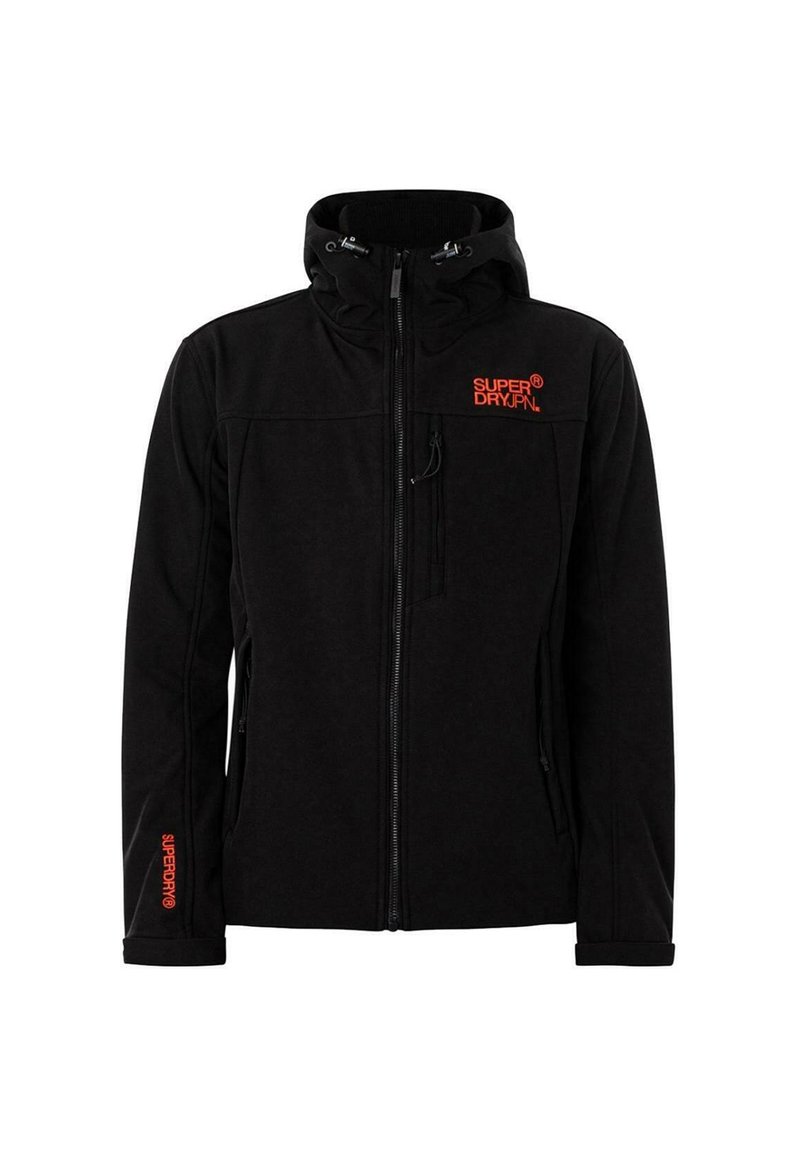 Zwarte fleece jacket met ritssluiting aan de voorkant, verstelbare capuchon en met rits gesloten zakken. Rode "SUPERDRY"-logo op de borst en mouw. Zachte textuur.